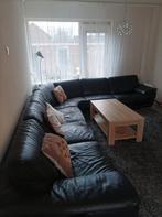 Lederen hoekbank met houten salontafel, Gebruikt, 100 tot 125 cm, Hoekbank, 300 cm of meer