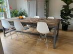 Eettafel met mozaiek ingelegd teakhouten blad & stalen frame, Huis en Inrichting, Tafels | Eettafels, Ophalen, Gebruikt, Teakhout