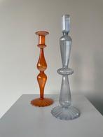 Set van 2 glazen kandelaars – lichtblauw & oranje, Overige materialen, 25 tot 50 cm, Ophalen of Verzenden, Zo goed als nieuw