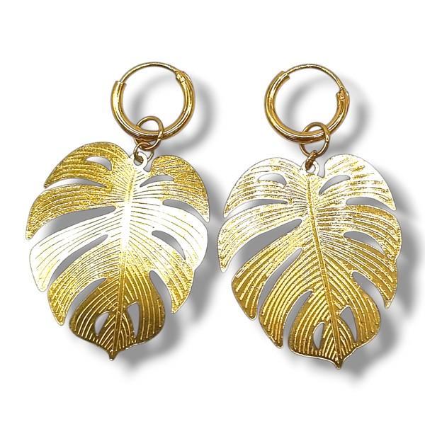 Gouden Monstera Oorbellen - Summer 2025 Collectie #41, Sieraden, Tassen en Uiterlijk, Oorbellen, Nieuw, Hangers, Overige materialen