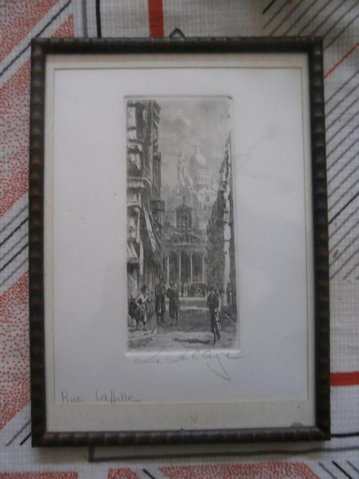 Parijs, Klein etsje in zwart lijstje Rue de La fite, Antiek en Kunst, Kunst | Etsen en Gravures, Ophalen
