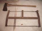 Oud gereedschap handzaag 80 cm + hakbijl 1koop man-cave, Ophalen