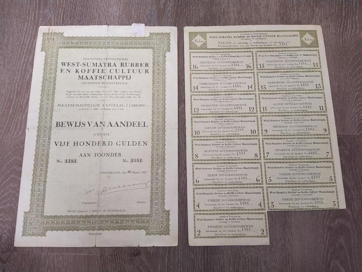 West-Sumatra Rubber en Koffie Cultuur Maatschappij, Postzegels en Munten, Aandelen en Waardepapieren, Aandeel, 1920 tot 1950, Ophalen