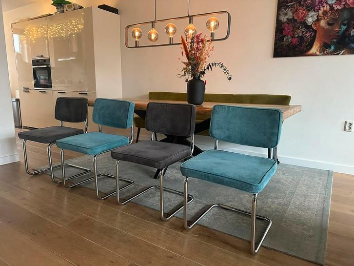 4 ribstof corduroy eetkamerstoelen, Huis en Inrichting, Stoelen, Zo goed als nieuw, Vier, Stof, Blauw, Ophalen