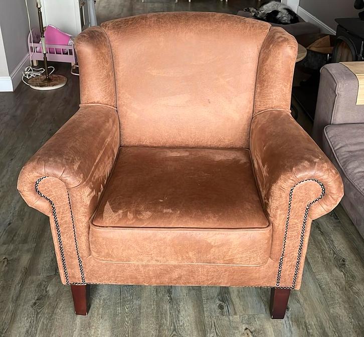 Landelijke fauteuil – eco-leer (Gallardo), Huis en Inrichting, Fauteuils, Zo goed als nieuw, Leer, 75 tot 100 cm, Minder dan 75 cm