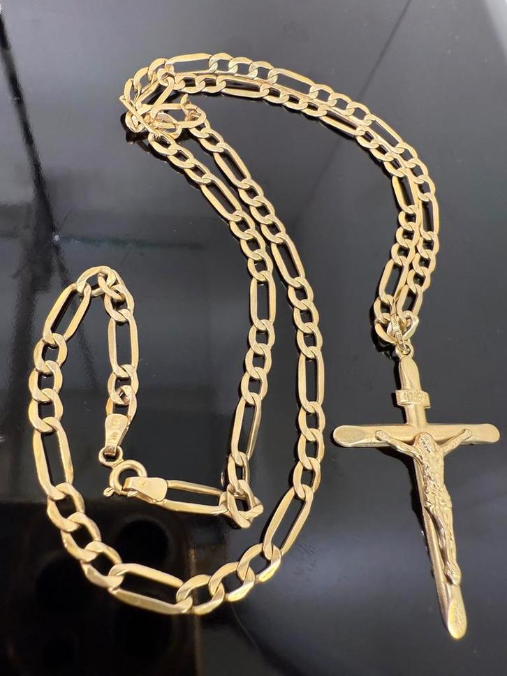 Prachtige 14 kataats gouden FIGARO ketting met kruis, Sieraden, Tassen en Uiterlijk, Kettingen, Goud, Ophalen of Verzenden