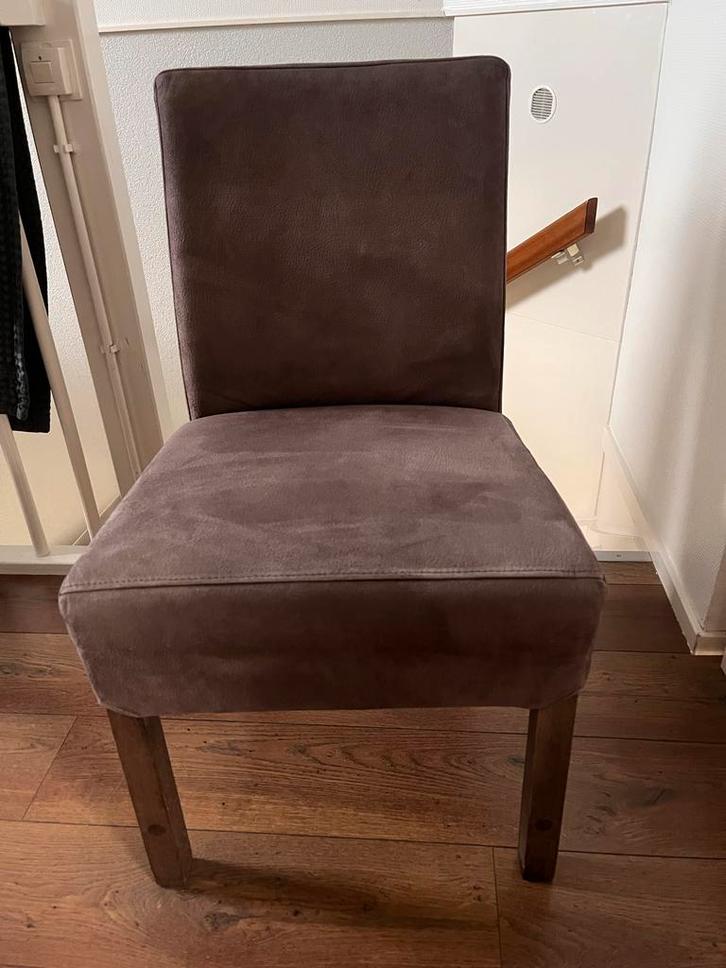 6 Eetkamerstoelen - Suedé en hout, Huis en Inrichting, Stoelen, Gebruikt, Vijf, Zes of meer stoelen, Hout, Bruin, Ophalen