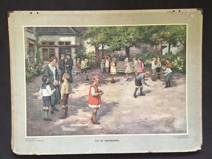 Oude schoolplaat: Kinderen op de speelplaats, Antiek en Kunst, Antiek | Schoolplaten, Stad- en Dorpsgezichten, Ophalen