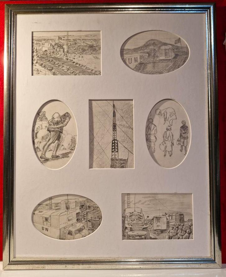 Schets van een VN-missie in een loopgraaf trenchart UN, Antiek en Kunst, Kunst | Etsen en Gravures, Ophalen of Verzenden