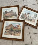 aquarel drieluik in massief houten lijsten, Ophalen, Minder dan 50 cm, Gebruikt, Minder dan 50 cm