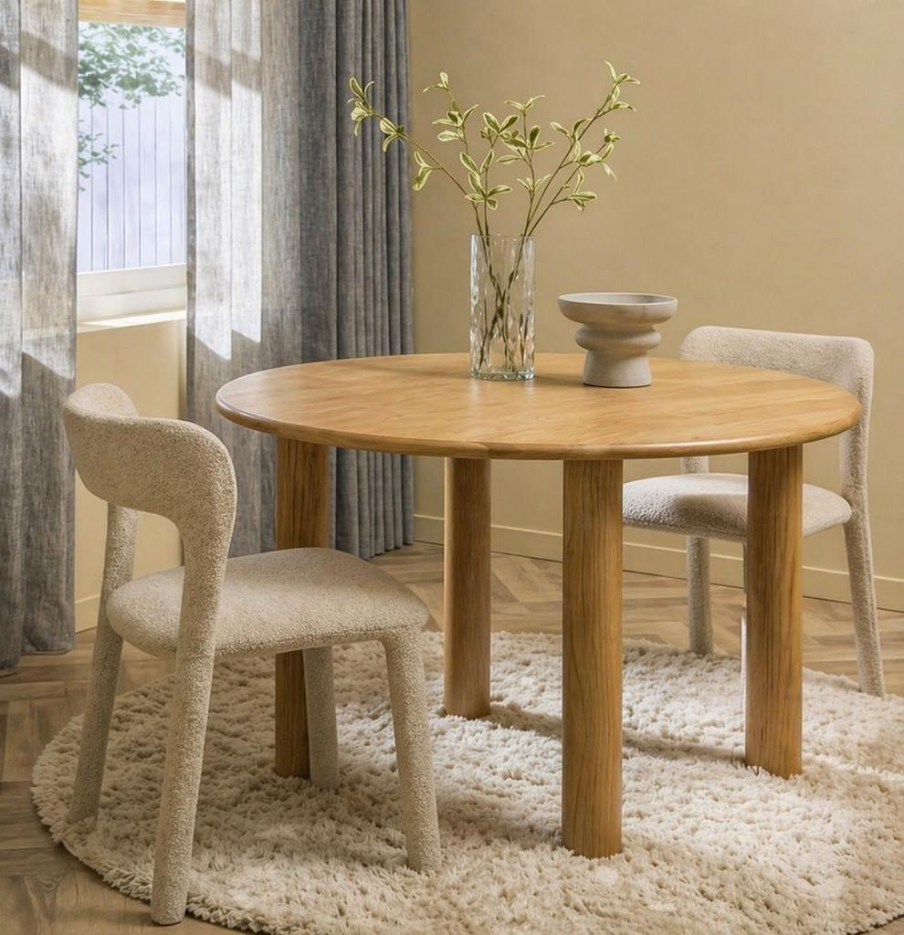 Moderne ronde eettafel eiken, Ophalen, 100 tot 150 cm, Zo goed als nieuw, Eikenhout