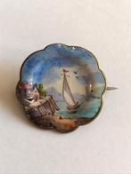 Antieke Broche Zeilboot Emaille op Koper 2,8 cm, Ophalen of Verzenden, Overige materialen, Broche