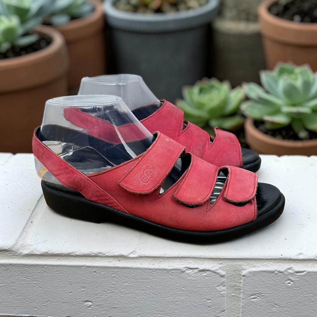 Wolky Sandalen Maat 39 Rood Leer Klittenband Comfort, W, W, Gedragen, Sandalen of Muiltjes