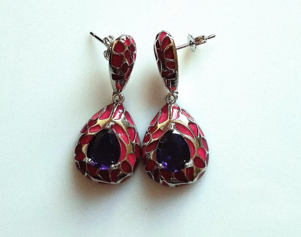 Oorbellen Emaille Chique roze emaille-zirkoon 925 zilver, Nieuw, Roze, Knopjes of Stekers, Zilver