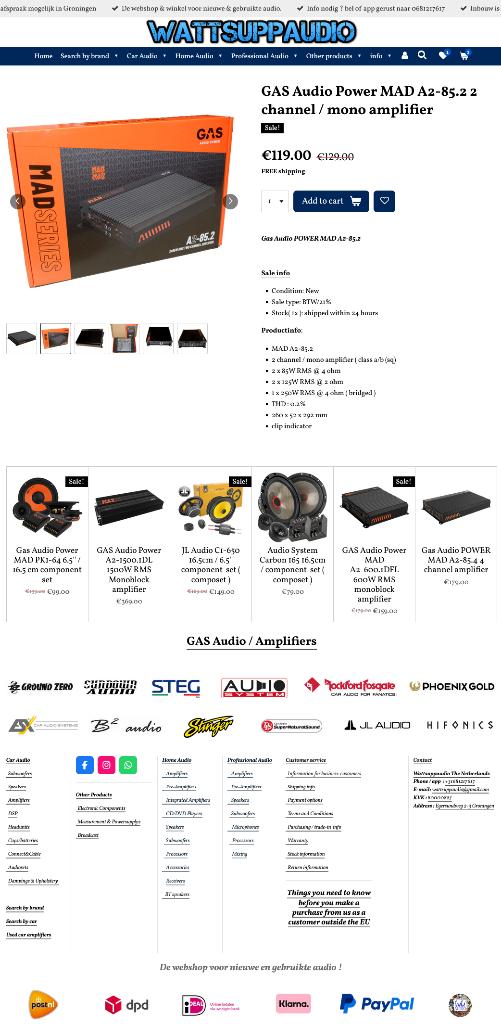 GAS Audio Power MAD A2-85.2 2 kanaals / mono versterker, Info@optimount.nl, Nieuw, Ophalen of Verzenden, Anholtseweg 48A 7091 HB DINXPERLO