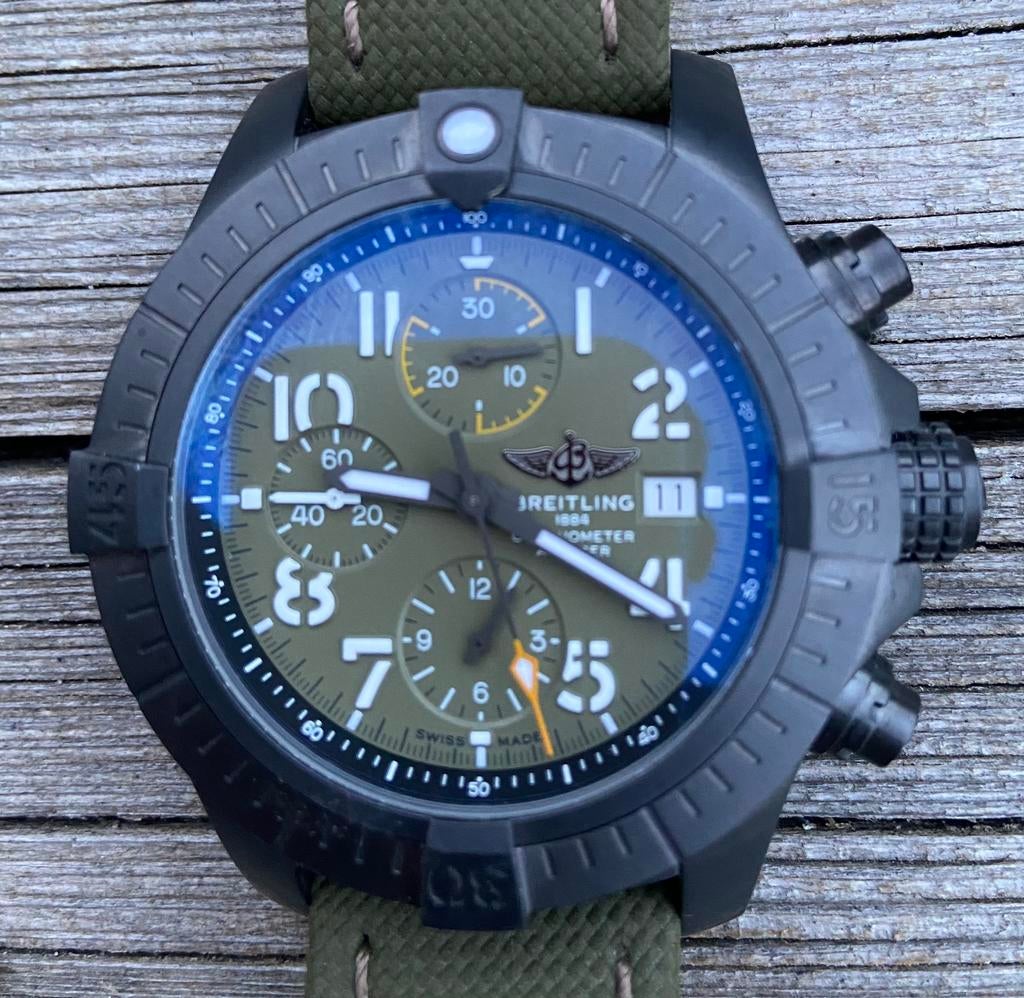 Breitling Avenger Chrono 45 Night Mission, Sieraden, Tassen en Uiterlijk, Horloges | Heren, Ophalen, Leer, Staal, Breitling