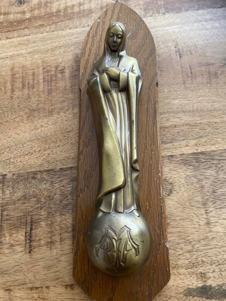 Vintage Maria Beeldje (brons) op Houten Plaque, Ophalen of Verzenden