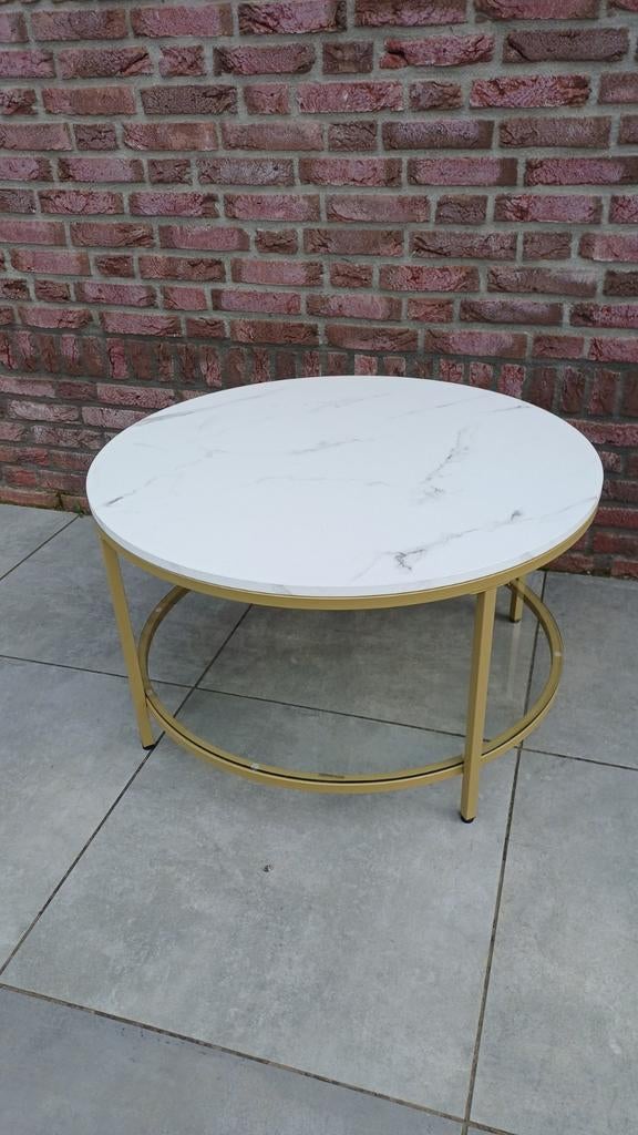 Ronde Salontafel Woonkamertafel Marmer Wit / Goud Glas 80cm, Huis en Inrichting, Tafels | Salontafels, Glas, 50 tot 100 cm, Rond