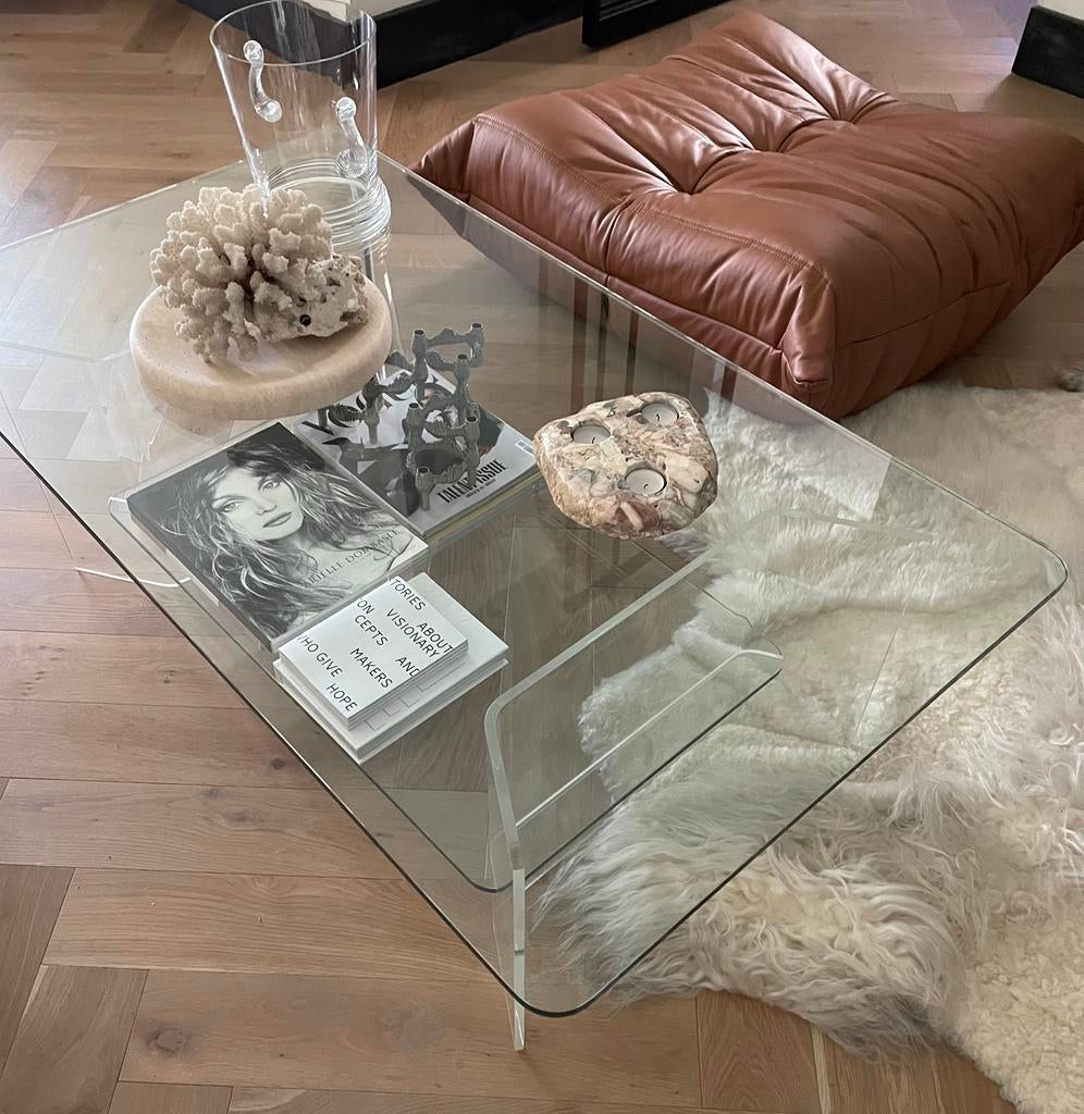 Vintage glas glazen grote salontafel tafel met 2 lagen, Ophalen