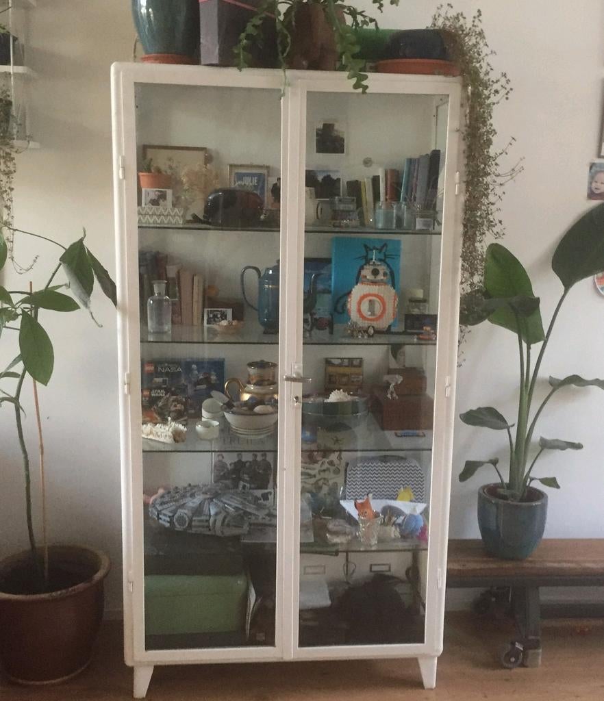 Vintage Vitrinekast / Labkast - Wit Metaal en Glas, Ophalen, Vintage, Industrieel, 50 tot 100 cm, Glas