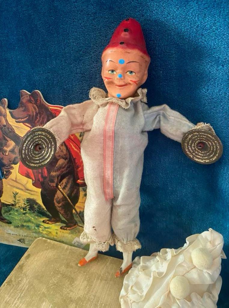 Antiek clowntje met bekken, beweegbaar en geluid, 1900-1920, Ophalen of Verzenden