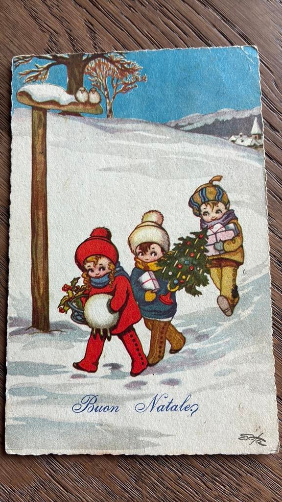 3 kinderen in sneeuw met kerstboom en cadeautjes.vogeltjes, Ophalen of Verzenden, 1920 tot 1940, Gelopen, Kinderen