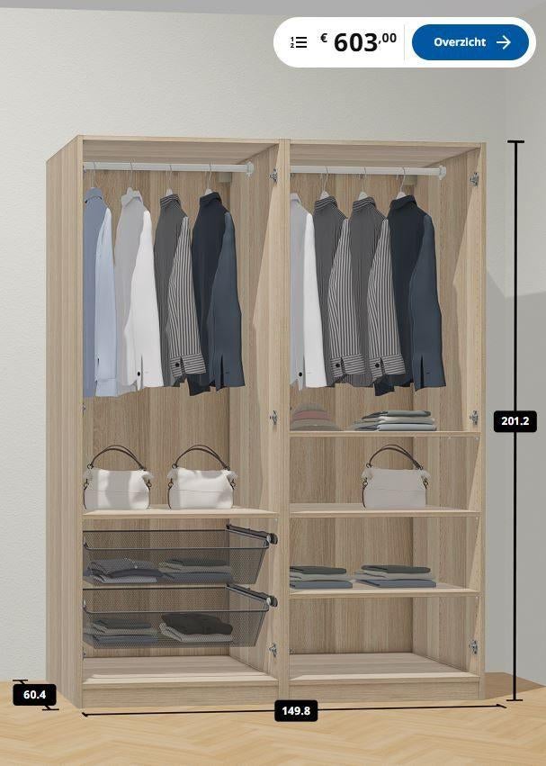 IKEA PAX kledingkast 150x58x201cm, Bezorg-/montageoptie, Met deur(en), Gebruikt, 100 tot 150 cm, 200 cm of meer