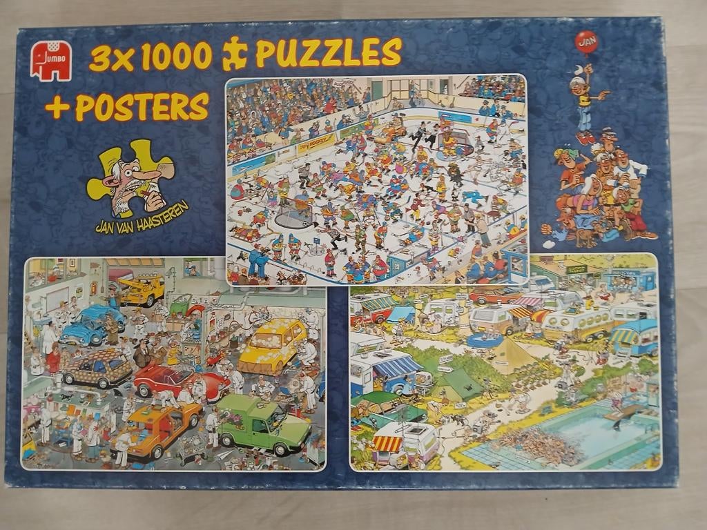 Jan van Haasteren - Camping Chaos, Ice Hockey en In the Car, Ophalen of Verzenden, 500 t/m 1500 stukjes, Zo goed als nieuw, Legpuzzel