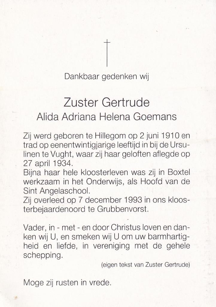 Goemans Alida 1910 Hillegom 1993  Grubbenvorst, Ophalen, Bidprentje
