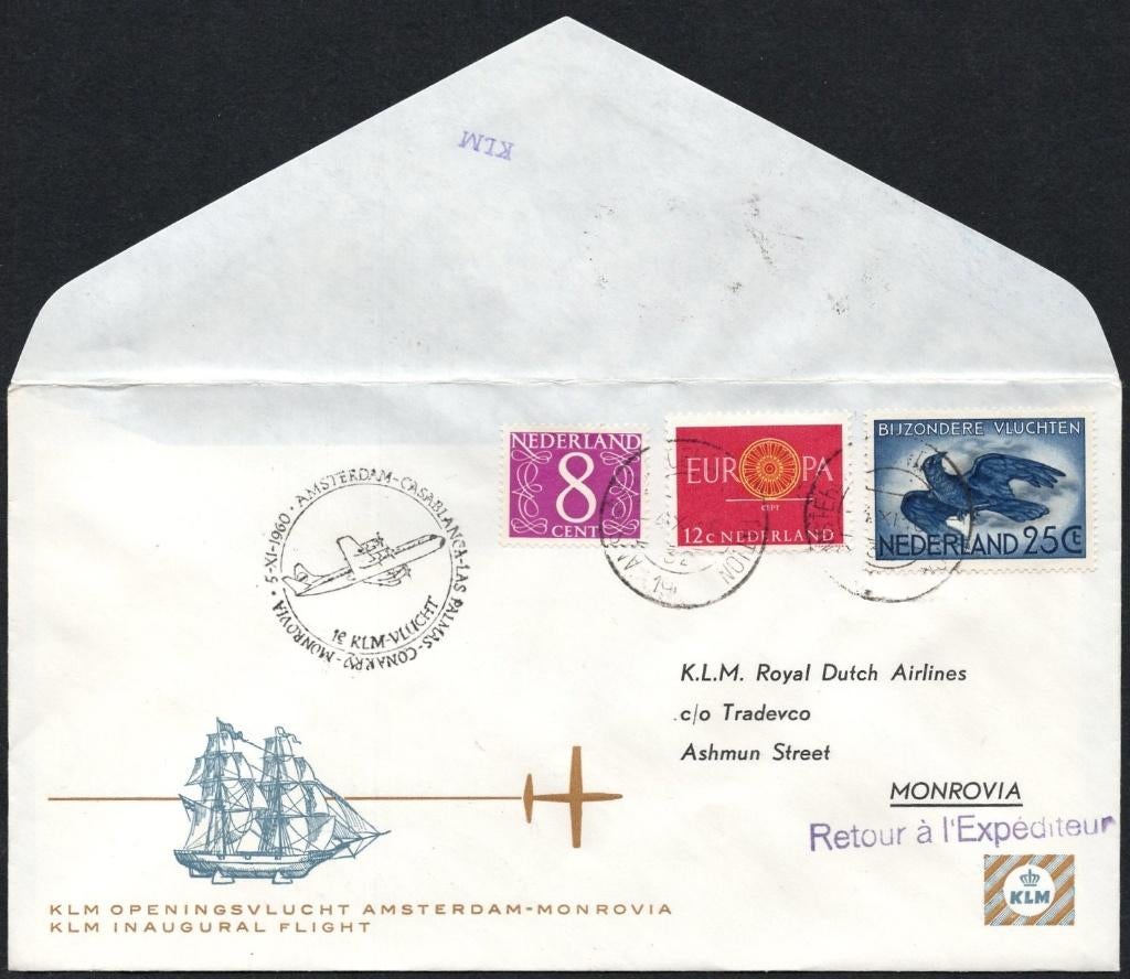 1e KLM vlucht Monrovia 1960, Postzegels en Munten, Brieven en Enveloppen | Nederland, Verzenden, Envelop