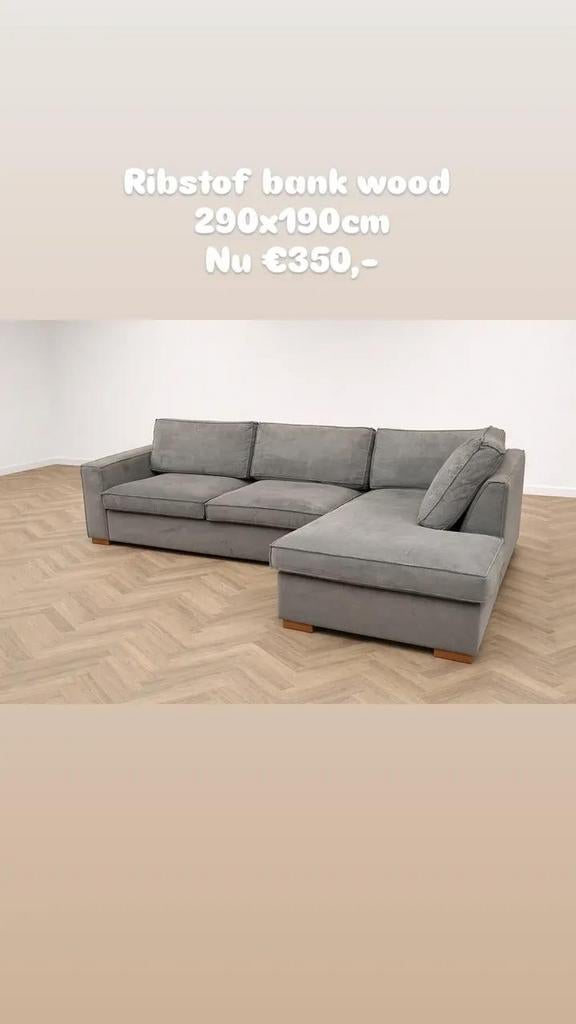 Hoekbank ribstof WOOD 290x190cm nu €350,-, Huis en Inrichting, Banken | Bankstellen, ., Hoekbank, Ophalen of Verzenden, Zo goed als nieuw