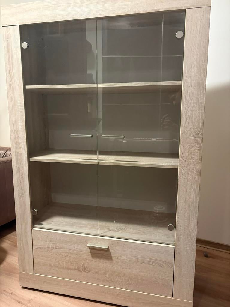 Vitrinekast met lade en glazen deuren, Ophalen, 50 tot 100 cm, Zo goed als nieuw, Met lade(s)
