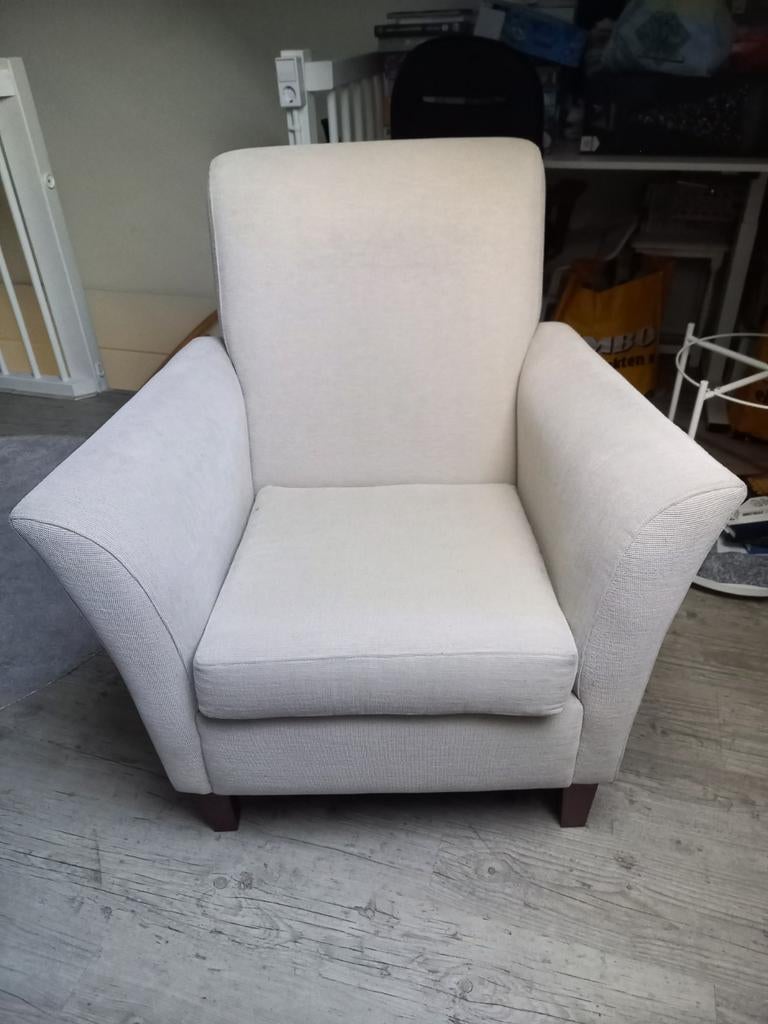 Beige ribstof fauteuil, Ophalen, Gebruikt, 75 tot 100 cm, 75 tot 100 cm