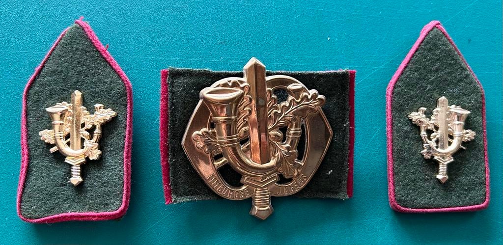 Baret en schouderembleem Limburgse Jagers, Verzamelen, Ophalen of Verzenden, Landmacht, Nederland, Helm of Baret