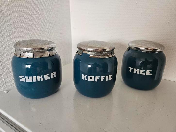 Set vintage emaille voorraadpotten: Suiker, Koffie, Thee, Antiek en Kunst, Antiek | Keramiek en Aardewerk, Ophalen of Verzenden