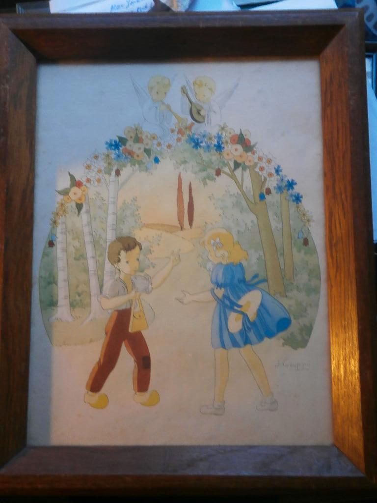 Leuke Kinderprent "" GOUPPY "", in zware eiken lijst, Ophalen, Voor 1940, Gebruikt, Overige onderwerpen