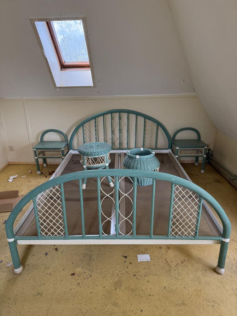 Rietenbed set vintage groen met auping bodem, Antiek en Kunst, Ophalen of Verzenden