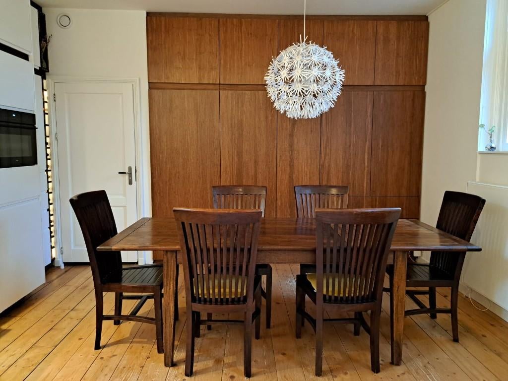 Teakhouten uitschuifbare eettafel met 6 stoelen, Ophalen, Gebruikt, Koloniaal, 4 tot 6 stoelen