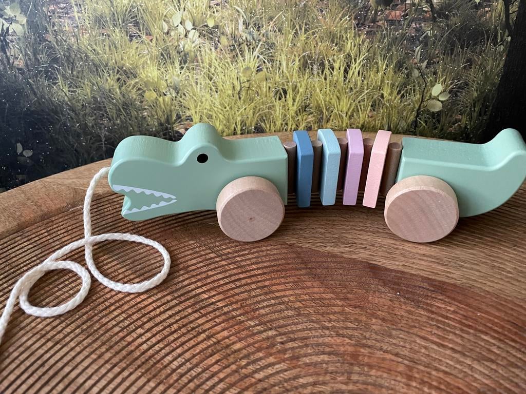Houten krokodil trekspeelgoed - Pastelkleuren, Ophalen of Verzenden, Nieuw, Duw- of Trekspeelgoed