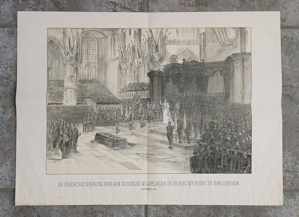 Plechtige Kroning van H.M. Koningin Wilhelmina. Prent., Verzamelen, Verzenden, Gebruikt, Nederland, Kaart, Foto of Prent