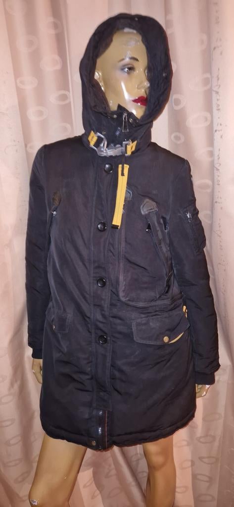 Zwarte winterjas met gele details parajumpers maat  L, Zwart, Maat 42/44 (L), Zo goed als nieuw, Parajumpers
