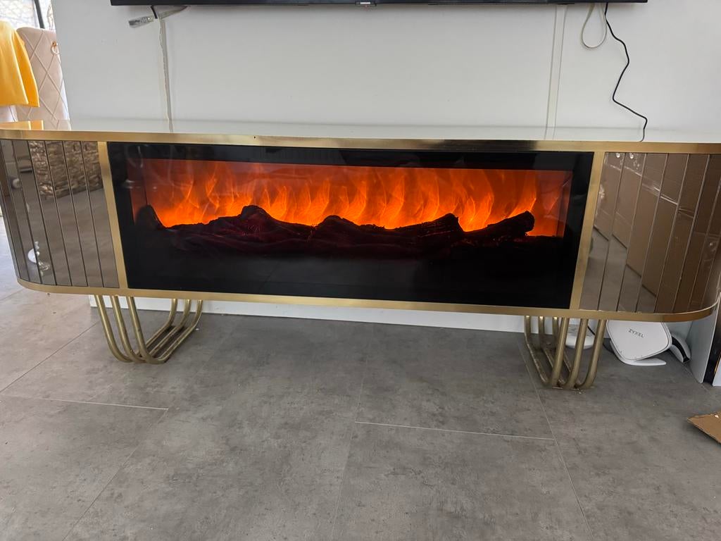 Luxe TV-meubel met elektrische haard en gouden accenten, Huis en Inrichting, Kasten | Televisiemeubels, 150 tot 200 cm, Ophalen of Verzenden