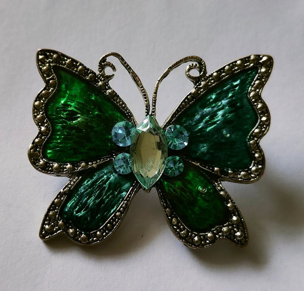 Prachtige emaille blauw/groen vlinder broche met strass, Ophalen of Verzenden, Blauw, Overige materialen, Met strass