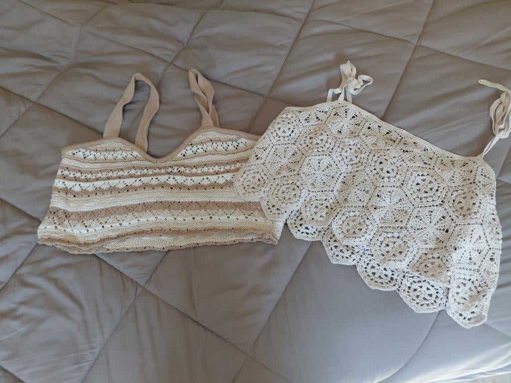 2 gehaakte zomer topjes, beige en wit, maat L, Kleding | Dames, Tops, Beige, H&M Divided, Maat 42/44 (L), Ophalen of Verzenden