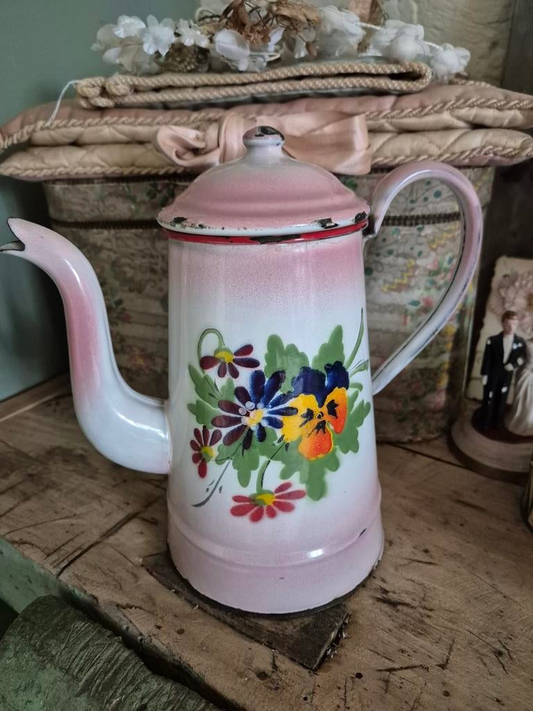 Emaille roze koffiepot met bloemen, Ophalen of Verzenden