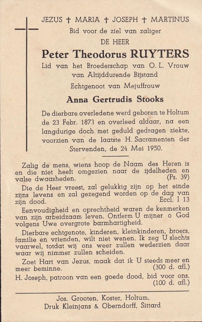 Ruyters Peter 1873 Holtum  1950, Ophalen of Verzenden, Bidprentje