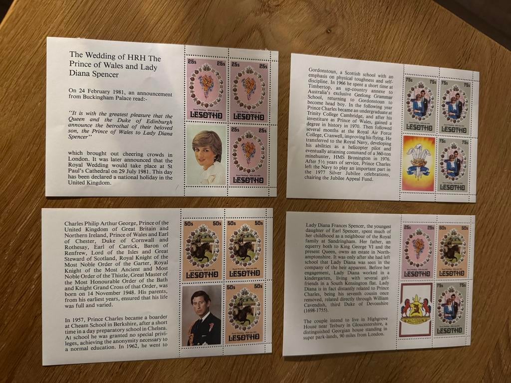 Lesotho 4x blok Prinses Lady Diana Prins Charles, Ophalen of Verzenden, Postfris, Koningshuis