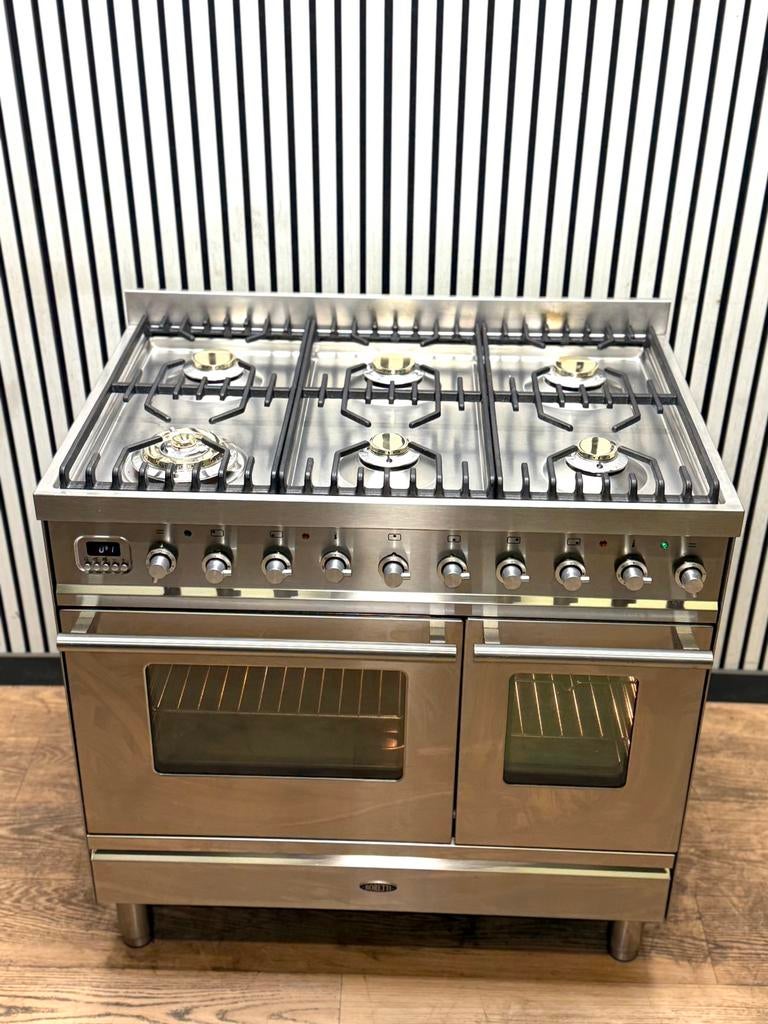 Luxe Boretti Fornuis 6 pits RVS met dubbele oven 90x60 cm, Fornello Esperta, Grill, Ophalen of Verzenden, Zo goed als nieuw