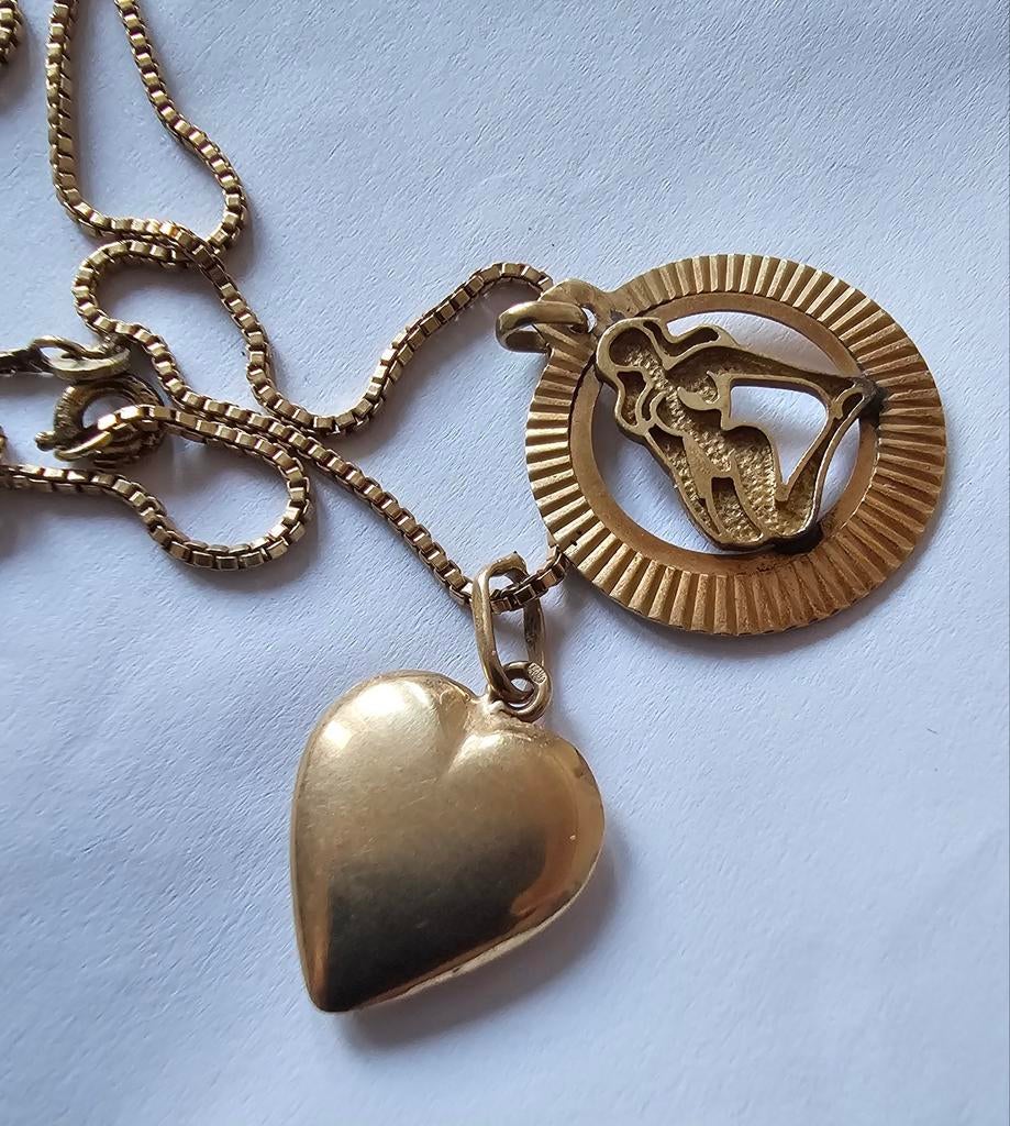 14k Gouden Ketting met Hart & Maagd Sterrenbeeld Hanger, Met hanger, Gebruikt, Ophalen of Verzenden, Goud
