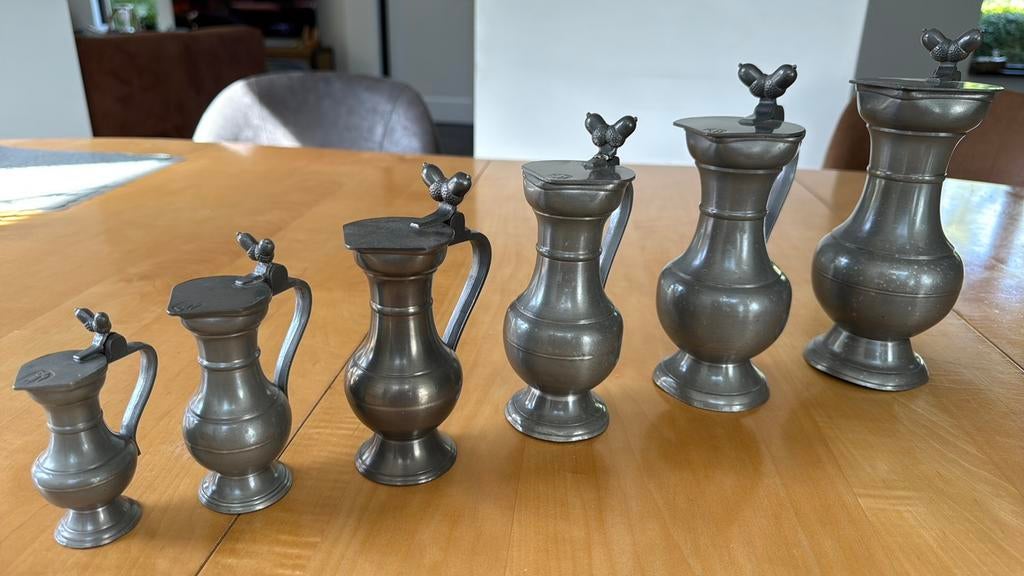 6 tinnen eikeltjes kannen, Antiek en Kunst, Antiek | Tin, Ophalen of Verzenden
